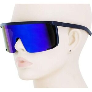 Oversized Flat Top Mirrored Visor‎ Mono Futuristic Unisex Sunglasses Blue Mirror